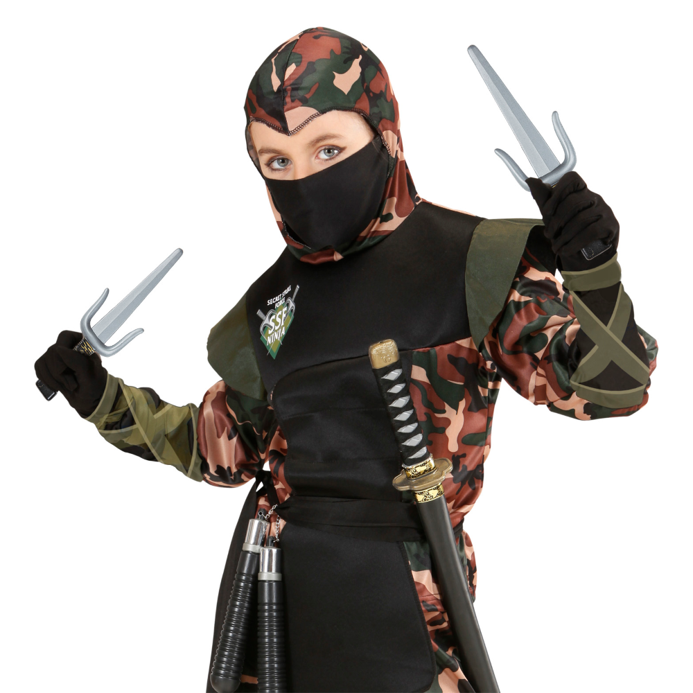 VESTITO CARNEVALE + ACCESSORI SUPER NINJA MUSCOLOSO COSTUME NUNCHAKU SPADA GIAPPONESE CON FODERO SET ARMI 11/13 ANNI TRAVESTIMENTO - 0052+6766N+2728Q+01025