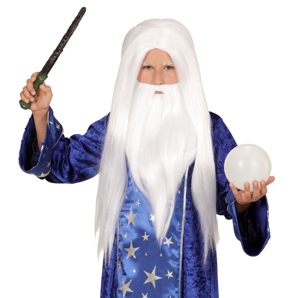 VESTITO CARNEVALE + ACCESSORI MAGO TUNICA CAPPELLO BASTONE PARRUCCA 11/13 ANNI TRAVESTIMENTO - 1522+74600+52815