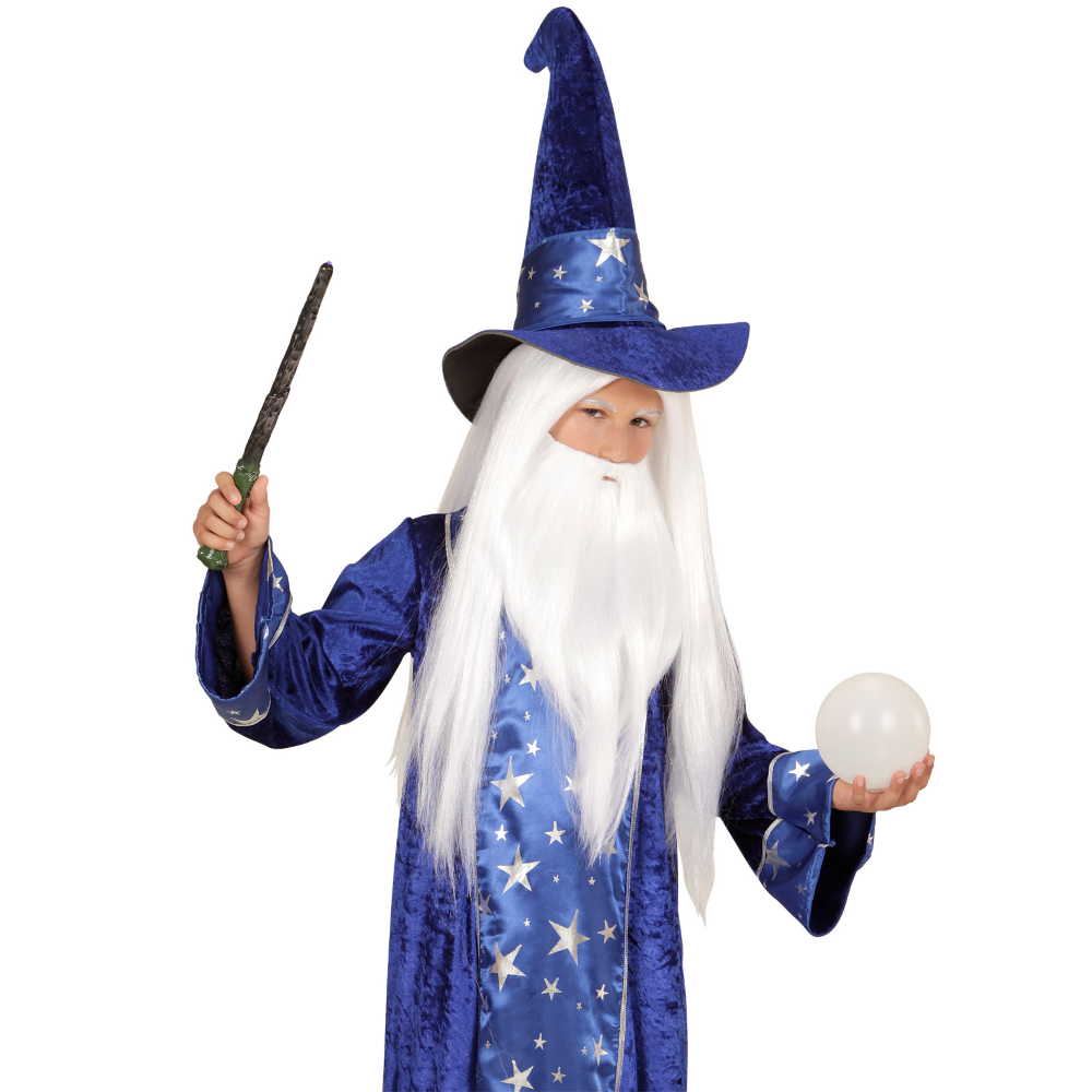 VESTITO CARNEVALE + ACCESSORI MAGO TUNICA CAPPELLO BASTONE PARRUCCA 11/13 ANNI TRAVESTIMENTO - 1522+74600+52815