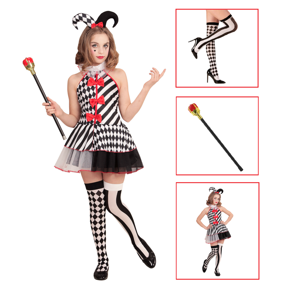 VESTITO CARNEVALE + ACCESSORI ARLECCHINA ABITO COPRICAPO SCETTRO CALZE 8/10 ANNI TRAVESTIMENTO - 1902+1914K+30005