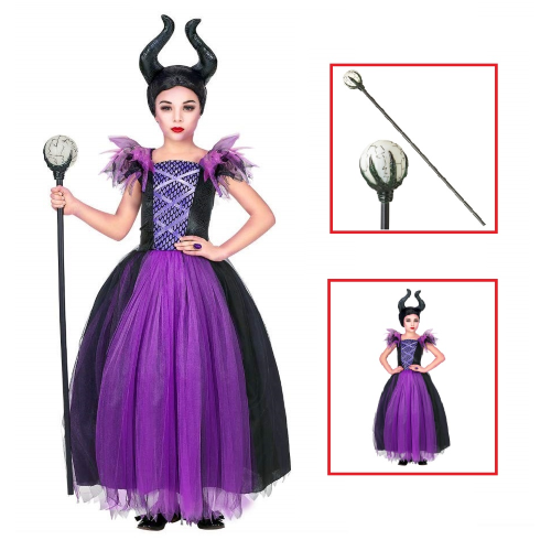 VESTITO CARNEVALE + ACCESSORI MALEFICA ABITO COPRICAPO E BASTONE MAGICO 11/13 ANNI TRAVESTIMENTO - 7024+52815