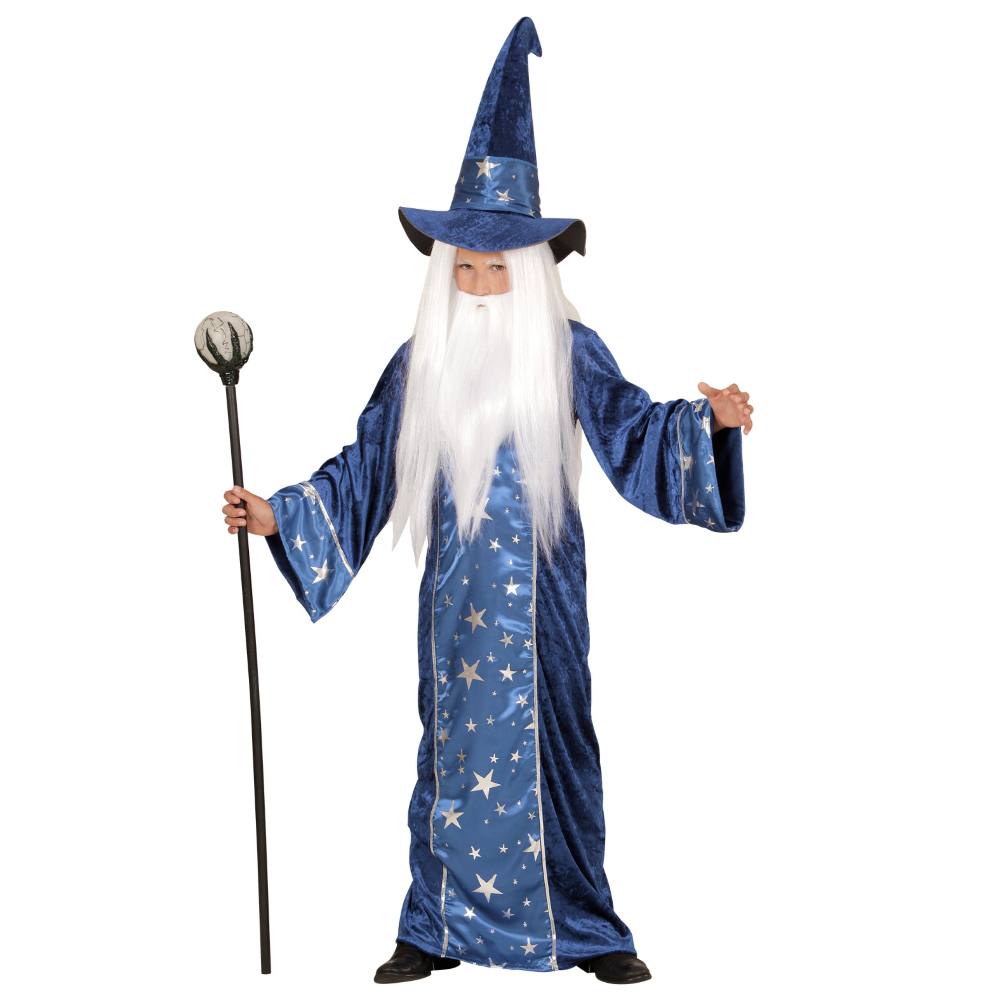 VESTITO CARNEVALE + ACCESSORI MAGO TUNICA CAPPELLO BASTONE PARRUCCA 11/13 ANNI TRAVESTIMENTO - 1522+74600+52815