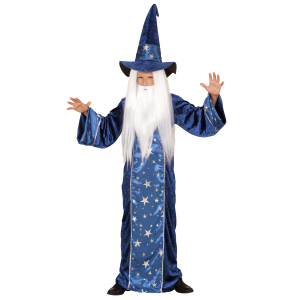 VESTITO CARNEVALE + ACCESSORI MAGO TUNICA CAPPELLO BASTONE PARRUCCA 11/13 ANNI TRAVESTIMENTO - 1522+74600+52815