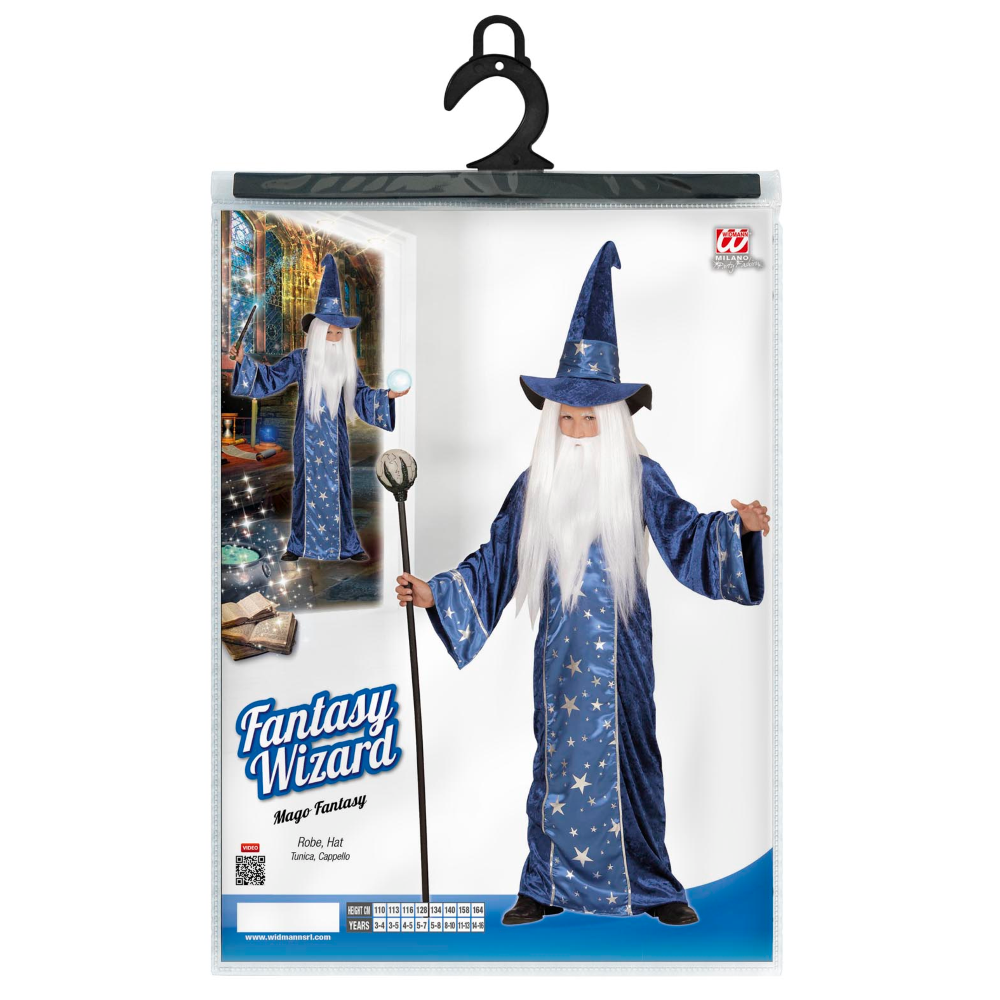 VESTITO CARNEVALE + ACCESSORI MAGO TUNICA CAPPELLO BASTONE PARRUCCA 11/13 ANNI TRAVESTIMENTO - 1522+74600+52815