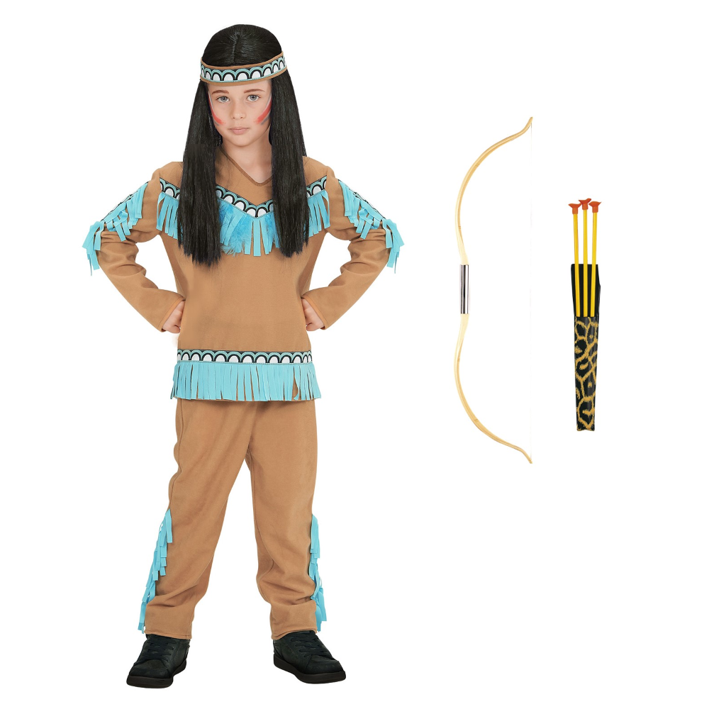 VESTITO CARNEVALE + ACCESSORI INDIANO CASACCA PANTALONI FASCIA PER TESTA ARCO 8/10 ANNI TRAVESTIMENTO - 0667+2793B