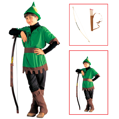 VESTITO CARNEVALE + ACCESSORI ROBIN HOOD CASACCA PANTALONI CAPPELLO ARCO 5/7 ANNI TRAVESTIMENTO - 3836+23935