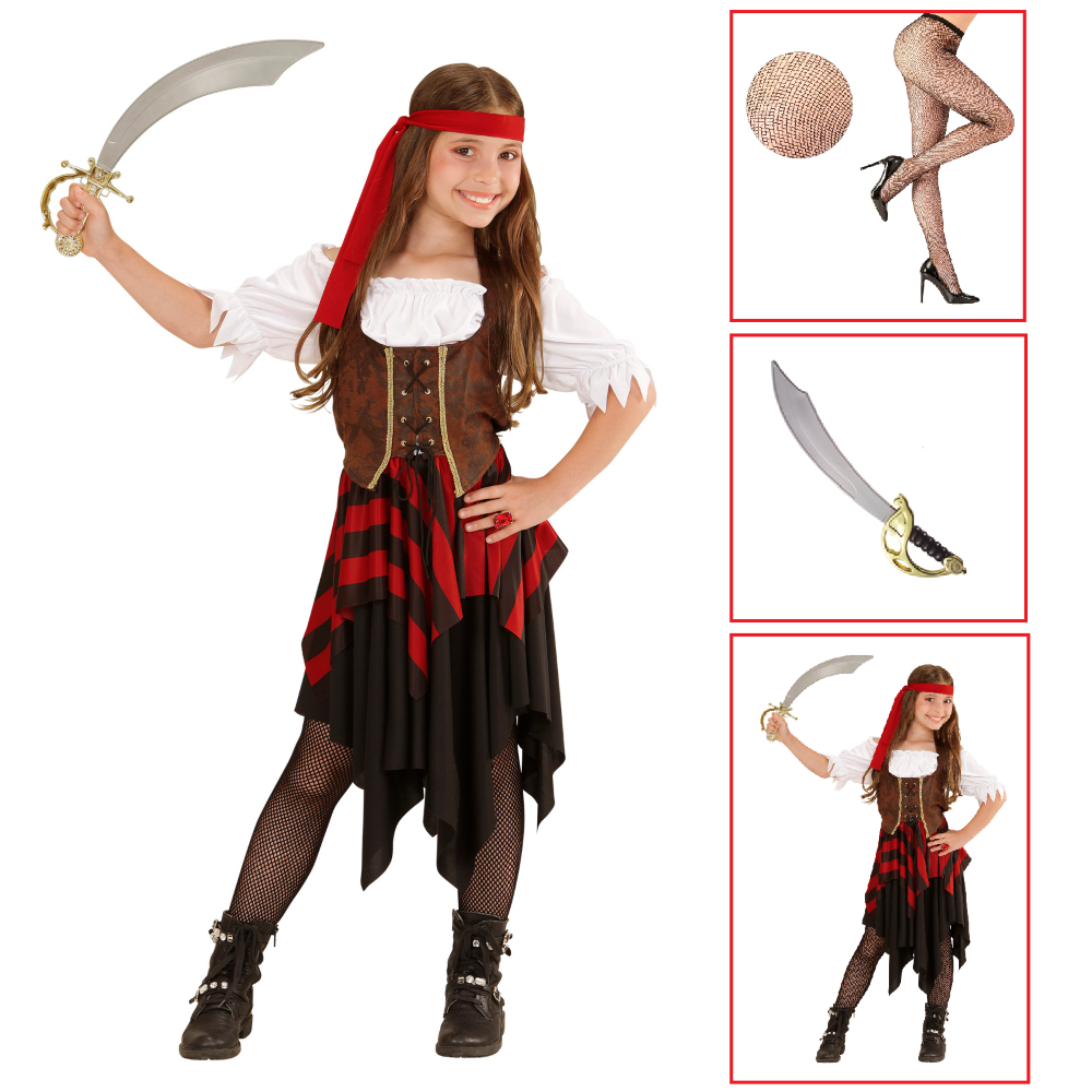 VESTITO CARNEVALE + ACCESSORI PIRATESSA VESTITO SCIABOLA CALZE 5/7 ANNI TRAVESTIMENTO - 0559+7007B+4750R