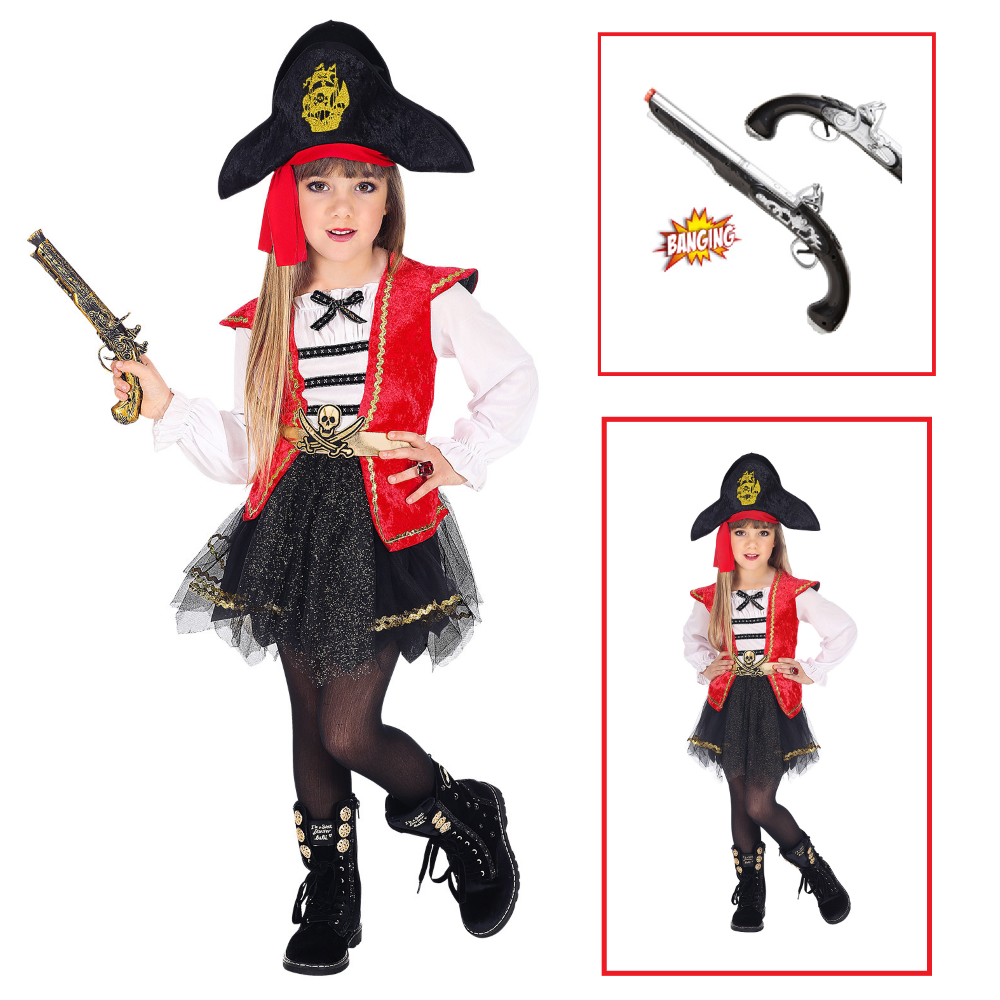 VESTITO CARNEVALE + ACCESSORI CAPITANO PIRATA VESTITO CAPPELLO PISTOLA 4/5 ANNI TRAVESTIMENTO - 0698+04859