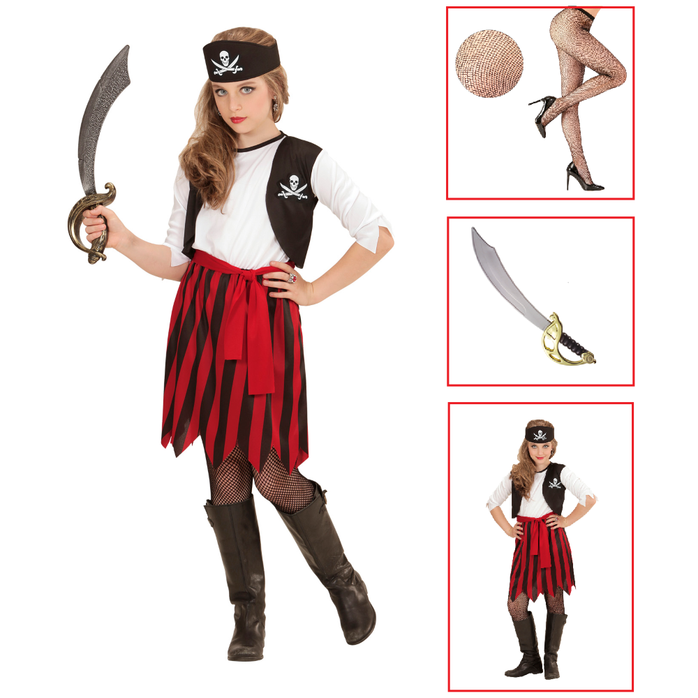 VESTITO CARNEVALE + ACCESSORI PIRATESSA VESTITO SCIABOLA CALZE 8/10 ANNI TRAVESTIMENTO - 0722+7007B+4750R
