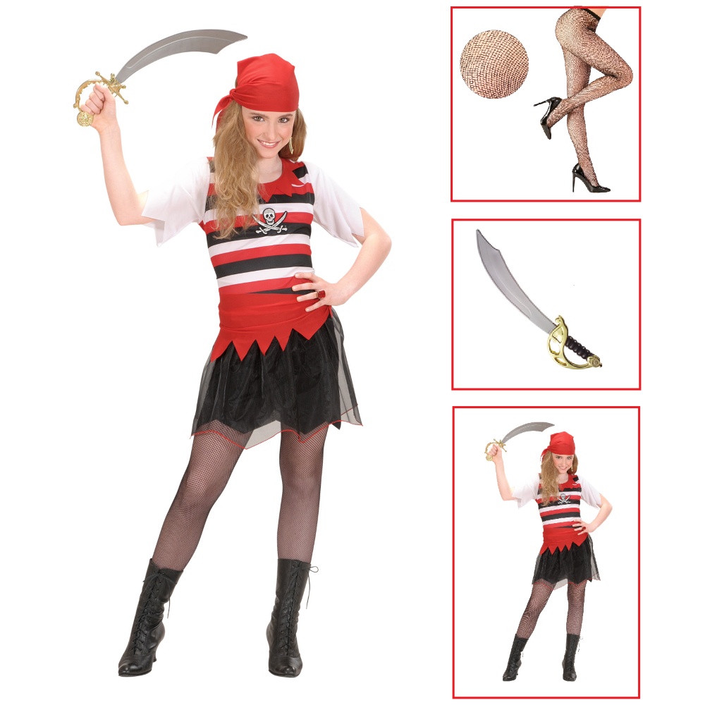 VESTITO CARNEVALE + ACCESSORI PIRATESSA VESTITO SCIABOLA CALZE 11/13 ANNI TRAVESTIMENTO - 5853+4750R+7007B