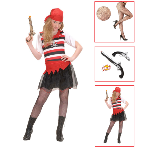 VESTITO CARNEVALE + ACCESSORI PIRATESSA VESTITO PISTOLA CALZE 11/13 ANNI TRAVESTIMENTO - 5853+4750R+04859