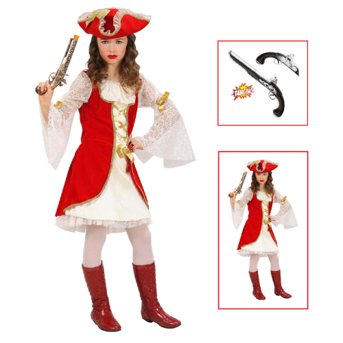 VESTITO CARNEVALE + ACCESSORI CAPITANO PIRATA VESTITO CAPPELLO PISTOLA 8/10 ANNI TRAVESTIMENTO - 5879+04859