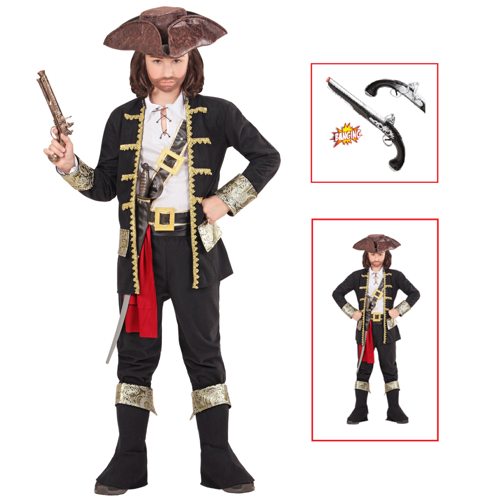 VESTITO CARNEVALE + ACCESSORI CAPITANO PIRATA COSTUME CAPPELLO PISTOLA 8/10 ANNI TRAVESTIMENTO - 1527+04859