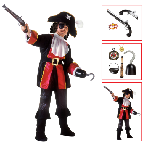VESTITO CARNEVALE + ACCESSORI CAPITANO PIRATA COSTUME SET ACCESSORI PISTOLA 4/5 ANNI TRAVESTIMENTO - 3883+8214K+04859