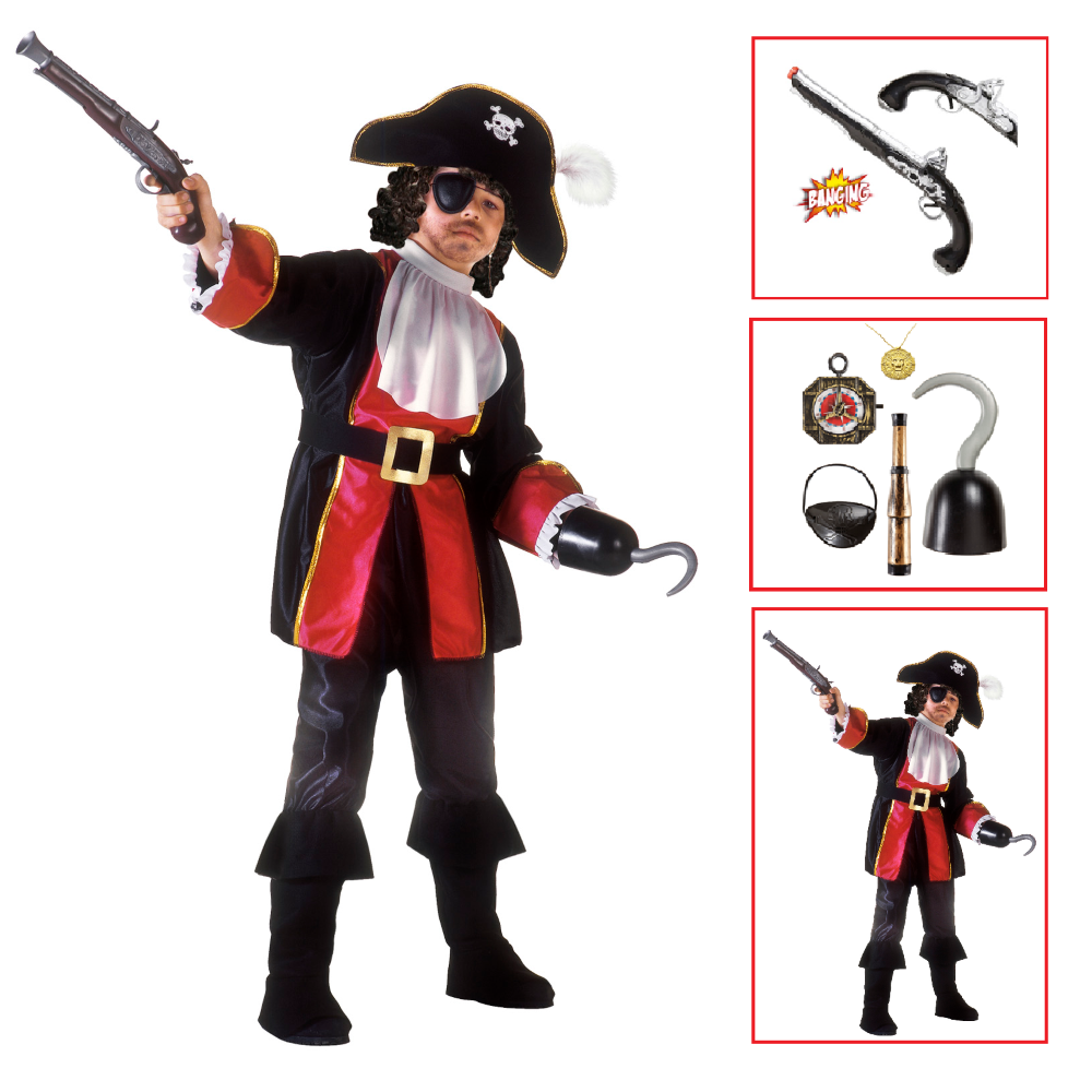 VESTITO CARNEVALE + ACCESSORI CAPITANO PIRATA COSTUME SET ACCESSORI PISTOLA 8/10 ANNI TRAVESTIMENTO - 3883+8214K+04859