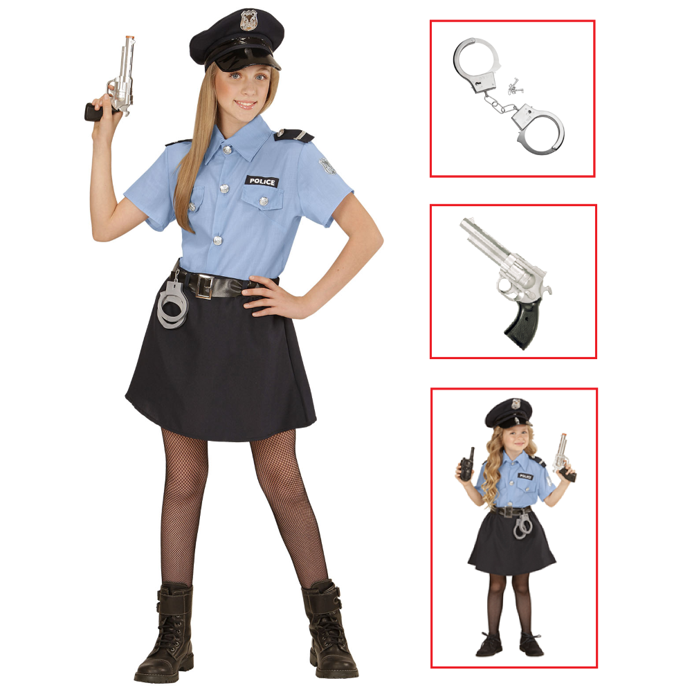 VESTITO CARNEVALE + ACCESSORI POLIZIOTTA COSTUME PISTOLA MANETTE 5/7 ANNI TRAVESTIMENTO - 0400+2413D+2775P
