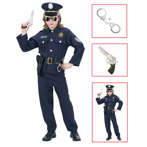 VESTITO CARNEVALE + ACCESSORI POLIZIOTTO COSTUME MANETTE PISTOLA 11/13 ANNI TRAVESTIMENTO - 7316+2413D+2775P
