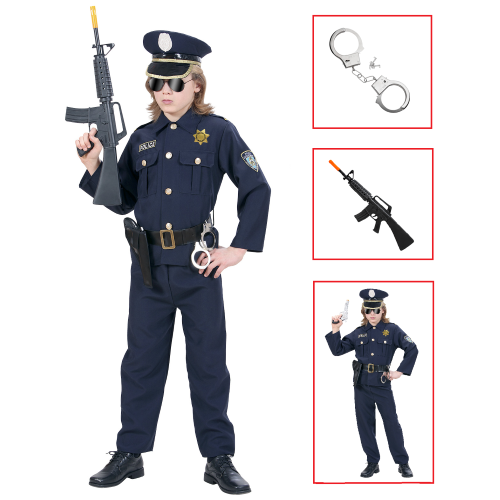 VESTITO CARNEVALE + ACCESSORI POLIZIOTTO COSTUME MANETTE FUCILE 11/13 ANNI TRAVESTIMENTO - 7316+2413D+7084M