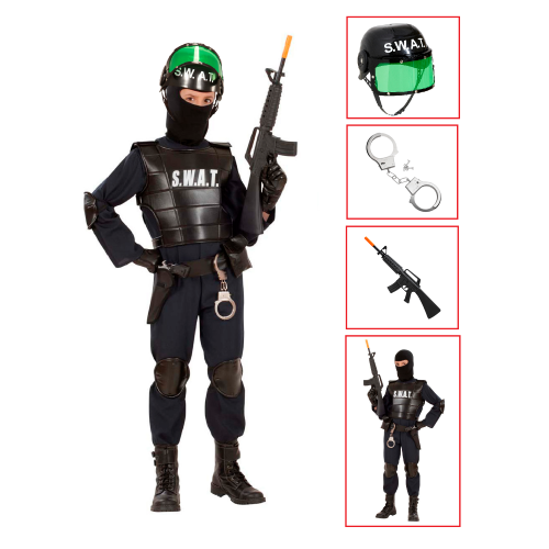 VESTITO CARNEVALE + ACCESSORI AGENTE SWAT COSTUME GIUBOTTO ANTIPROIETTILE FUCILE ELMO MANETTE 14/16 ANNI TRAVESTIMENTO - 5534+28225+7084M+2413D