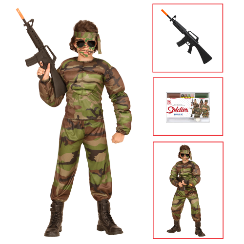 VESTITO CARNEVALE + ACCESSORI SUPER SOLDATO MUSCOLOSO COSTUME FUCILE D'ASSALTO TRUCCO 11/13 ANNI TRAVESTIMENTO - 0051+7084M+02412