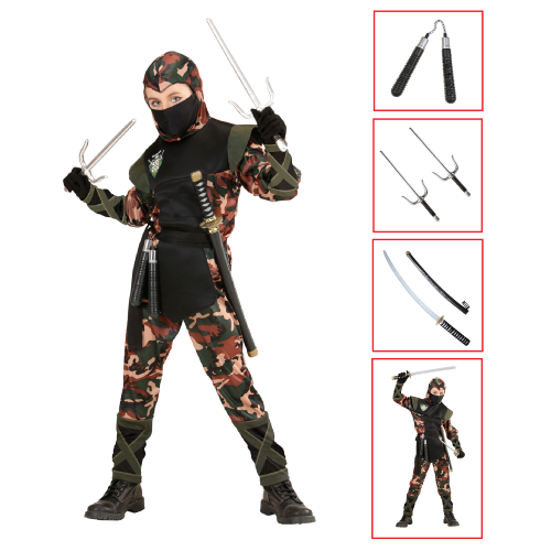 VESTITO CARNEVALE + ACCESSORI SOLDATO NINJA COSTUME NUNCHAKU SPADA SAI SPADA GIAPPONESE NINJA CON FODERO 11/13 ANNI TRAVESTIMENTO - 7652+6766N+8711S+2728Q 