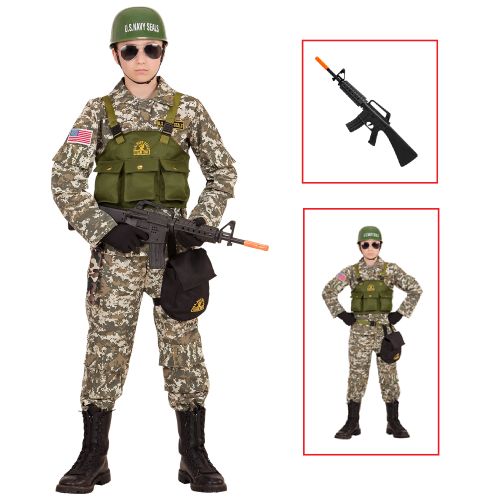 VESTITO CARNEVALE + ACCESSORI SOLDATO NAVY SEALS COSTUME ELMO FUCILE D'ASSALTO 14/16 ANNI TRAVESTIMENTO - 9684+7084M