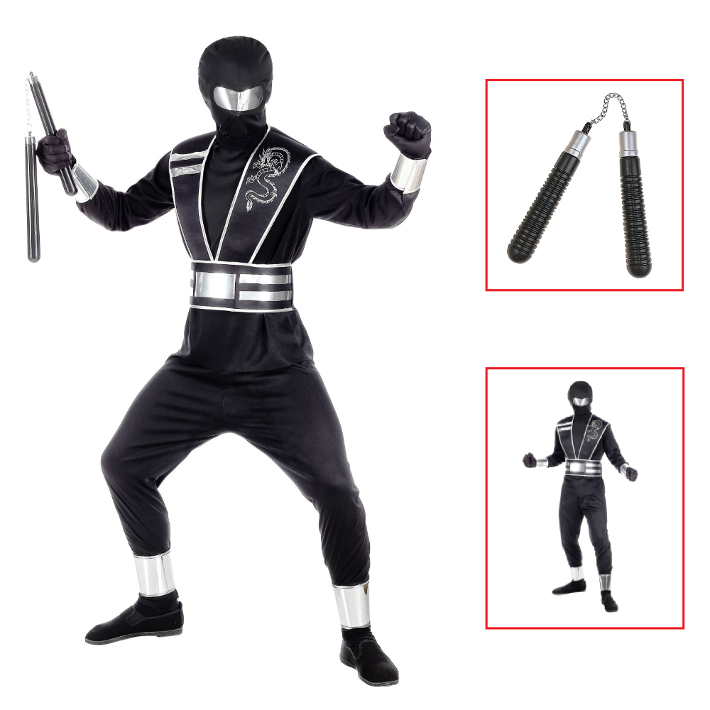 VESTITO CARNEVALE + ACCESSORI MIRROR NINJA COSTUME NUNCHAKU 8/10 ANNI TRAVESTIMENTO - 0011+6766N