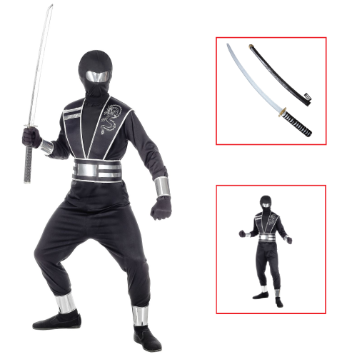 VESTITO CARNEVALE + ACCESSORI MIRROR NINJA COSTUME SPADA GIAPPONESE NINJIA CON FODERO 11/13 ANNI TRAVESTIMENTO - 0011+2728Q