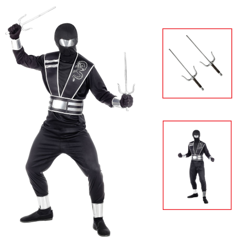 VESTITO CARNEVALE + ACCESSORI MIRROR NINJA COSTUME SPADA SAI 11/13 ANNI TRAVESTIMENTO - 0011+8711S