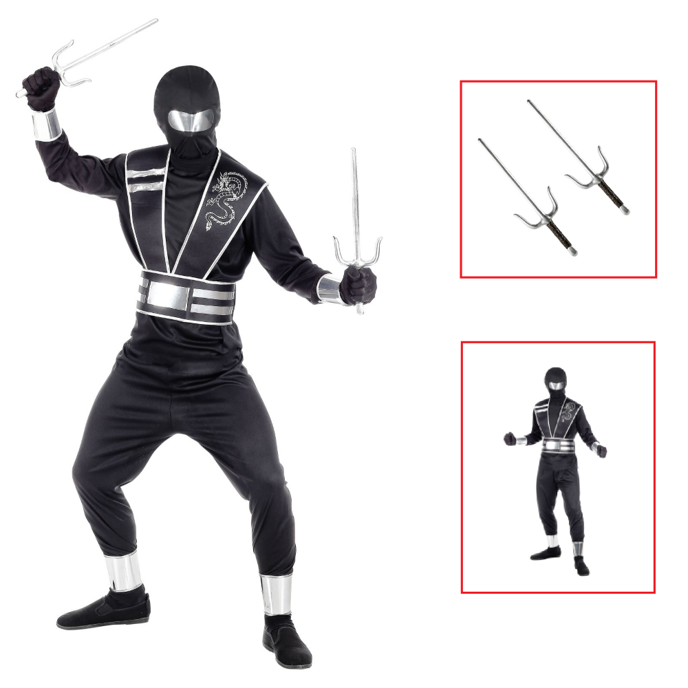 VESTITO CARNEVALE + ACCESSORI MIRROR NINJA COSTUME SPADA SAI 11/13 ANNI TRAVESTIMENTO - 0011+8711S