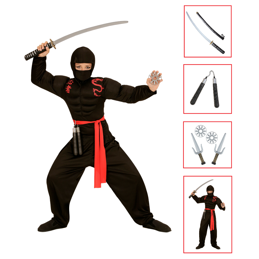 VESTITO CARNEVALE + ACCESSORI SUPER NINJA MUSCOLOSO COSTUME NUNCHAKU SPADA GIAPPONESE CON FODERO SET ARMI 11/13 ANNI TRAVESTIMENTO - 0052+6766N+2728Q+01025
