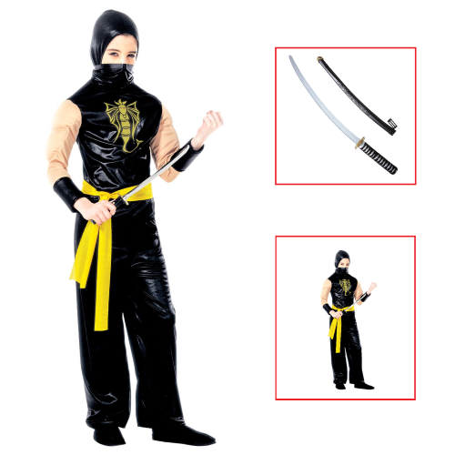 VESTITO CARNEVALE + ACCESSORI POWER NINJA COSTUME SPADA GIAPPONESE CON FODERO 11/13 ANNI TRAVESTIMENTO - 3875+2728Q