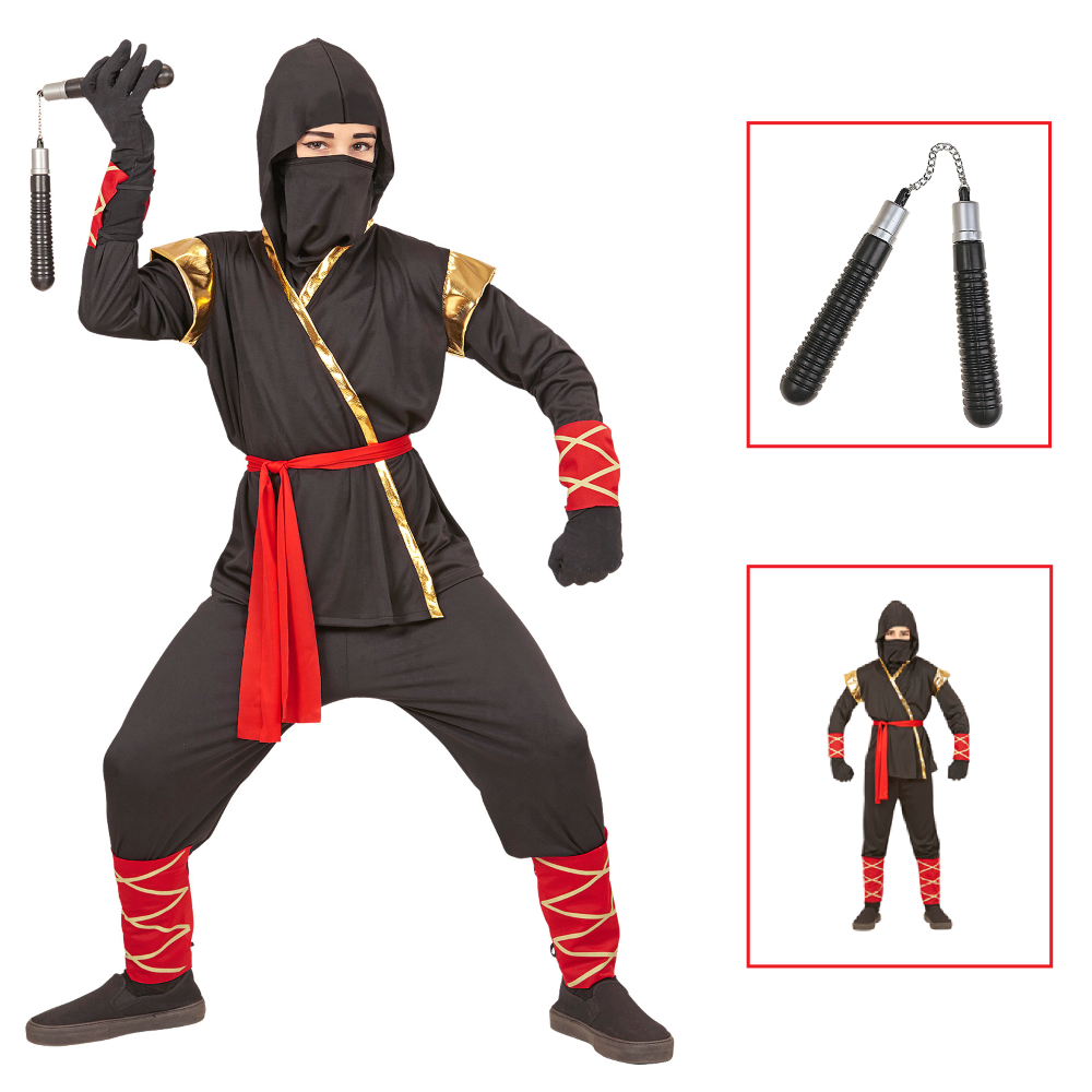 VESTITO CARNEVALE + ACCESSORI NINJA COSTUME NUNCHAKU 11/13 ANNI TRAVESTIMENTO - 9681+6766N