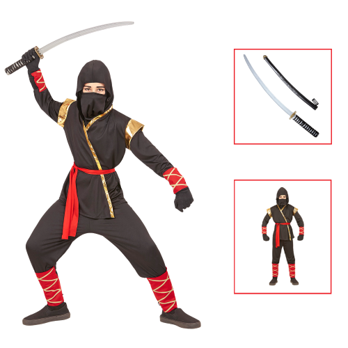 VESTITO CARNEVALE + ACCESSORI NINJA COSTUME SPADA GIAPPONESE CON FODERO 11/13 ANNI TRAVESTIMENTO - 9681+2728Q