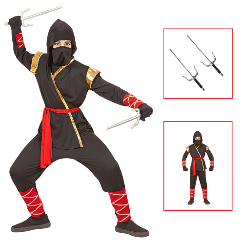 VESTITO CARNEVALE + ACCESSORI NINJA COSTUME SPADA SAI 11/13 ANNI TRAVESTIMENTO - 9681+8711S