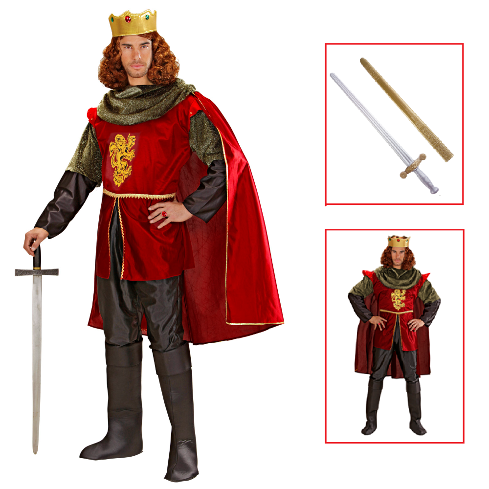 VESTITO CARNEVALE + ACCESSORI CAVALIERE REALE COSTUME CORONA SPADA CON FODERO L TRAVESTIMENTO - 3550 Adulto+7001C