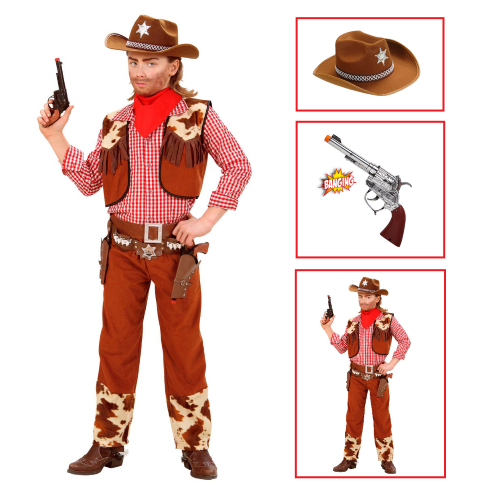 VESTITO CARNEVALE + ACCESSORI COWBOY COSTUME CAPPELLO PISTOLA CON SUONO 11/13 ANNI TRAVESTIMENTO - 5880+2475K+2783P