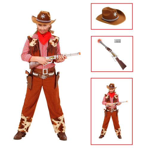 VESTITO CARNEVALE + ACCESSORI COWBOY COSTUME CAPPELLO FUCILE CON SUONO E LUCI 11/13 ANNI TRAVESTIMENTO - 5880+2475K+2782S