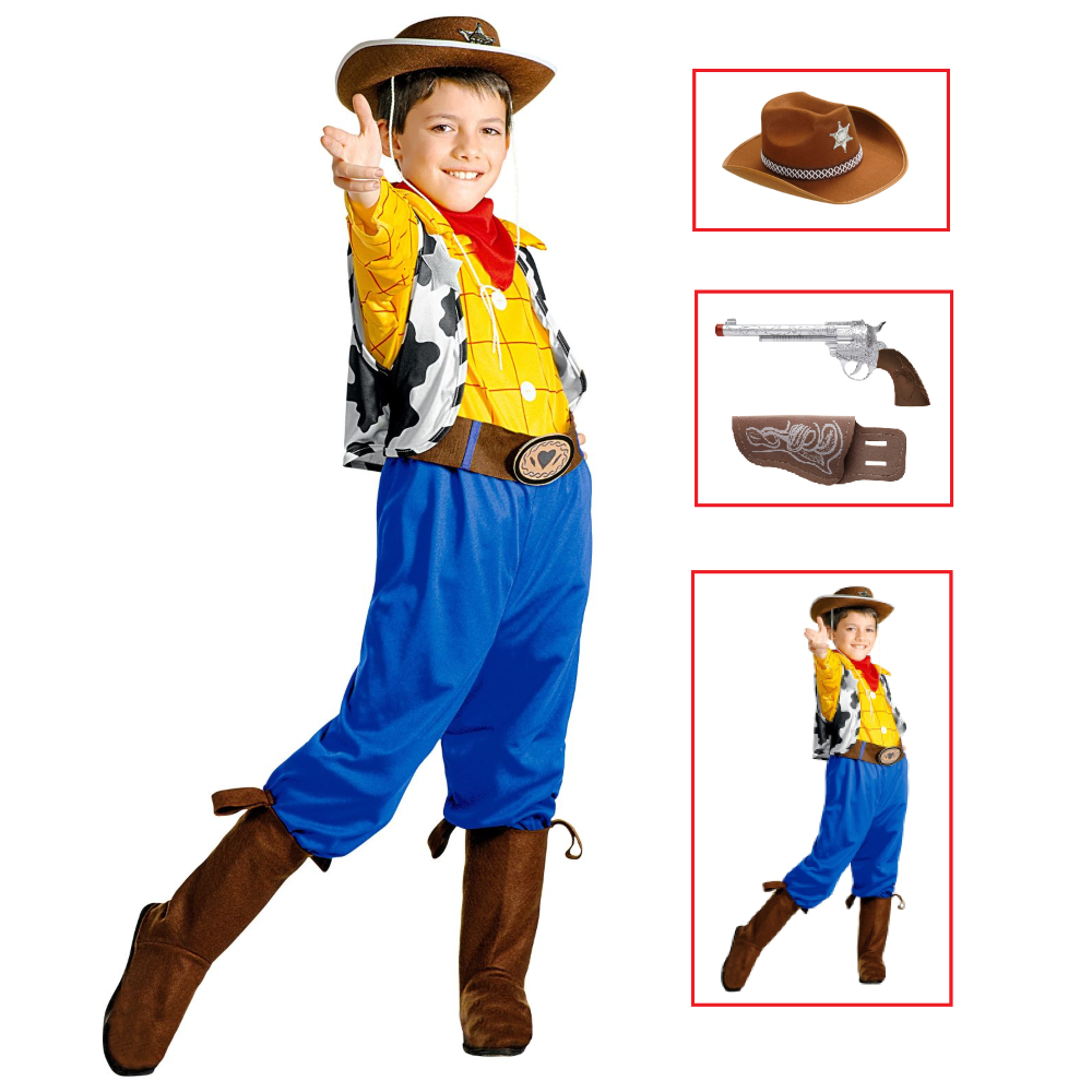 VESTITO CARNEVALE + ACCESSORI BILLY COWBOY COSTUME CAPPELLO PISTOLA CON FONDINA 8/10 ANNI TRAVESTIMENTO - 3833+2475K+9804C