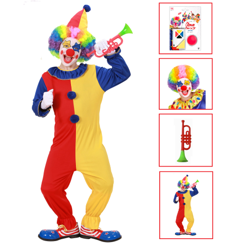 VESTITO CARNEVALE + ACCESSORI CLOWN COSTUME PARRUCCA TROMBA SET TRUCCO CON NASO 8/10 ANNI TRAVESTIMENTO - 0257+4044N+74590+2720T