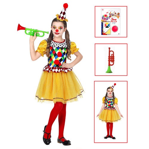 VESTITO CARNEVALE + ACCESSORI CLOWN COSTUME TROMBA SET TRUCCO CON NASO 11/13 ANNI TRAVESTIMENTO - 0695+4044N+2720T