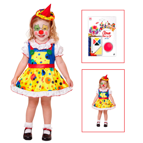 VESTITO CARNEVALE + ACCESSORI CLOWN GIRL COSTUME MINI CAPPELLO SET TRUCCO CON NASO 4/5 ANNI TRAVESTIMENTO - 0754+4044N