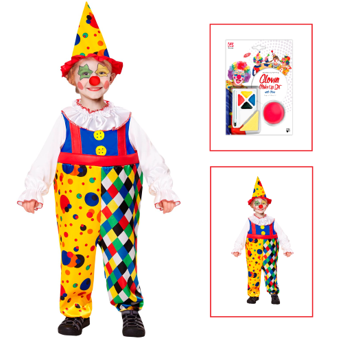 VESTITO CARNEVALE + ACCESSORI CLOWN COSTUME CAPPELLO SET TRUCCO CON NASO 4/5 ANNI TRAVESTIMENTO - 0755+4044N