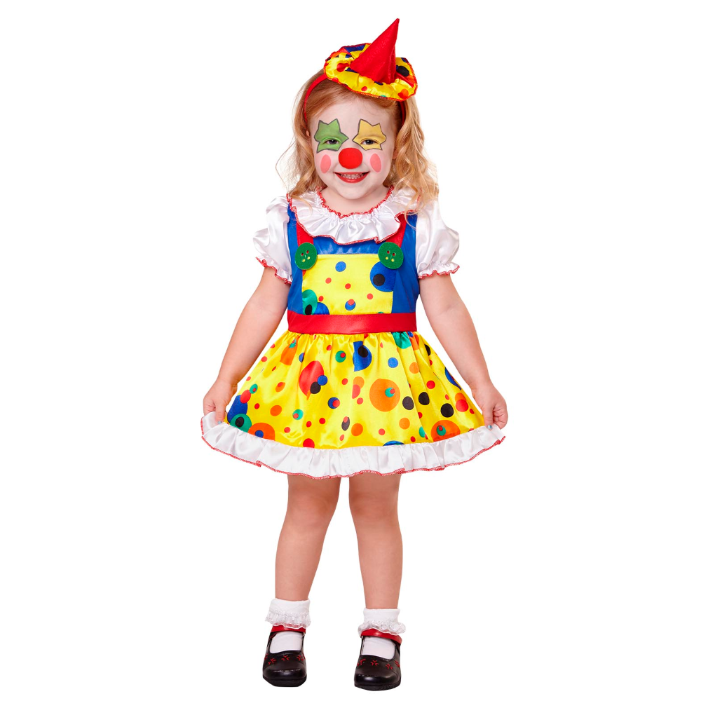 VESTITO CARNEVALE + ACCESSORI CLOWN GIRL COSTUME MINI CAPPELLO SET TRUCCO CON NASO 2/3 ANNI TRAVESTIMENTO - 0754+4044N