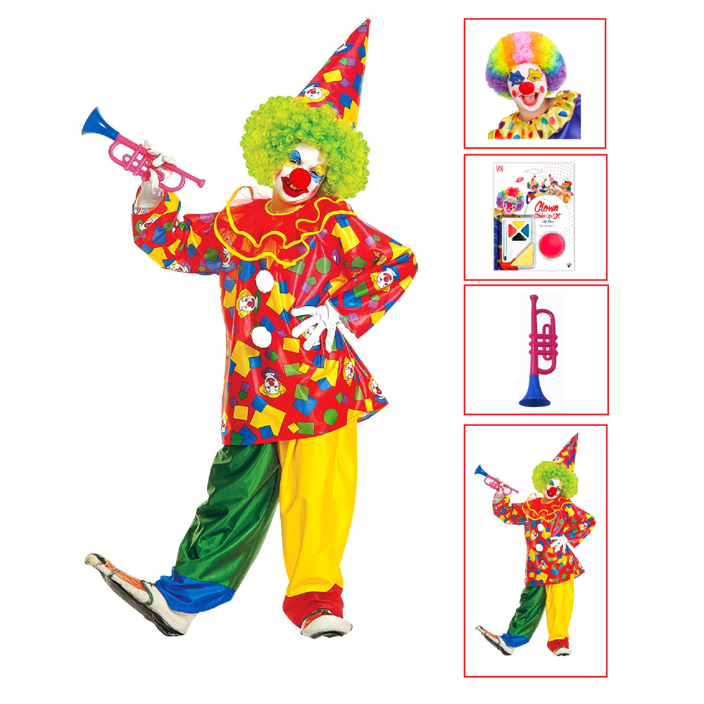 VESTITO CARNEVALE + ACCESSORI FUNNY CLOWN COSTUME PARRUCCA TROMBA SET TRUCCO CON NASO 2/13 ANNI TRAVESTIMENTO - 3858+4044N+74590+2720T