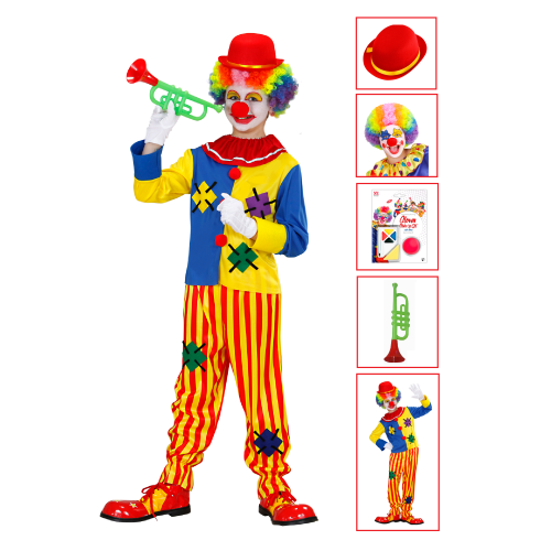 VESTITO CARNEVALE + ACCESSORI PAGLIACCIO COSTUME CAPPELLO PARRUCCA TROMBA SET TRUCCO CON NASO 11/13 ANNI TRAVESTIMENTO - 7651+32631+2720T+74590+4044N 