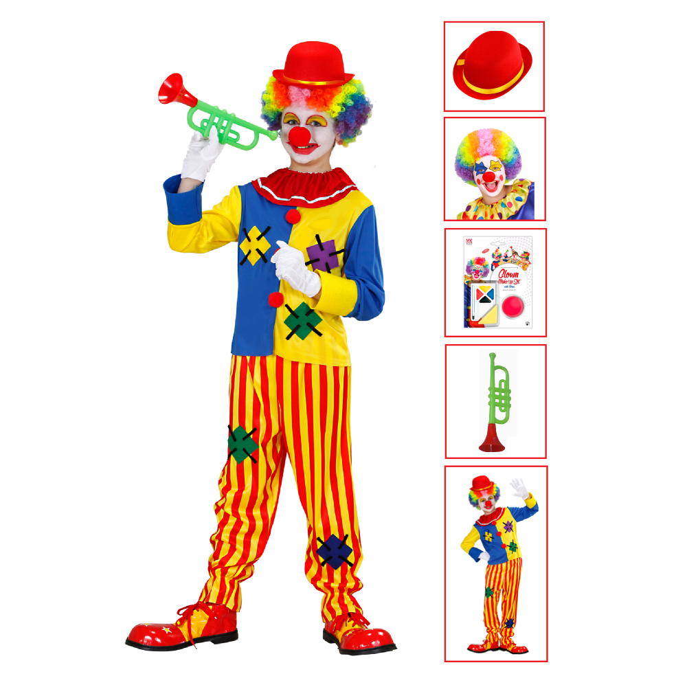 VESTITO CARNEVALE + ACCESSORI PAGLIACCIO COSTUME CAPPELLO PARRUCCA TROMBA SET TRUCCO CON NASO 8/10 ANNI TRAVESTIMENTO - 7651+32631+2720T+74590+4044N 