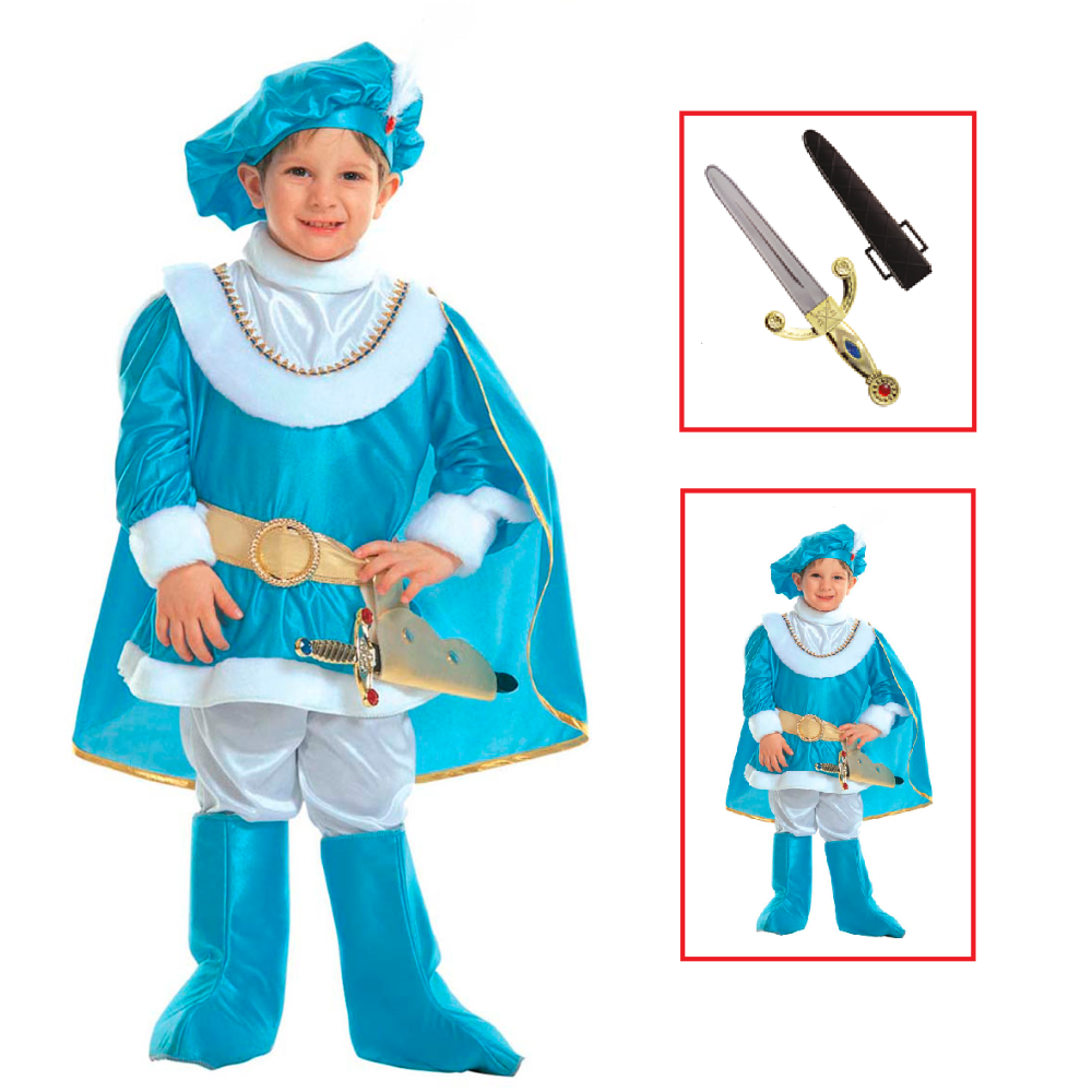 VESTITO CARNEVALE + ACCESSORI PRINCIPE AZZURRO COSTUME PUGNALE CON GEMME E FODERO 4/5 ANNI TRAVESTIMENTO - 3691+7003P