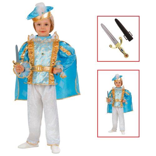 VESTITO CARNEVALE + ACCESSORI PRINCIPE AZZURRO COSTUME PUGNALE CON GEMME E FODERO 2/3 ANNI TRAVESTIMENTO - 4920+7003P