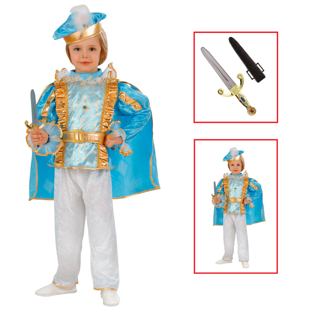VESTITO CARNEVALE + ACCESSORI PRINCIPE AZZURRO COSTUME PUGNALE CON GEMME E FODERO 2/3 ANNI TRAVESTIMENTO - 4920+7003P